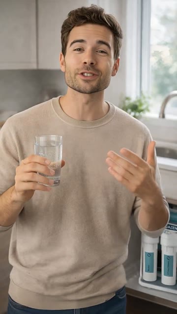 Standbild aus Clip 04: Mann in einer Küche hält ein Wasserglas und spricht in die Kamera.