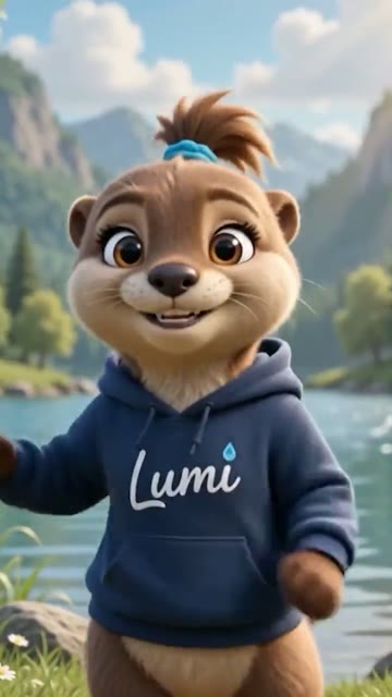 Standbild aus Clip 07: KI-generiertes Otter-Maskottchen im Hoodie vor einem See.