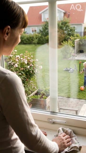 Standbild aus Clip 10: Frau putzt ein Fenster, Blick in einen sonnigen Garten.